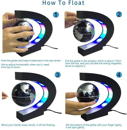 Senders Floating Globe with LED Lights C Shape Magnetic Levitation Floating Globe World Map for Desk Decoration (Black-Silver)